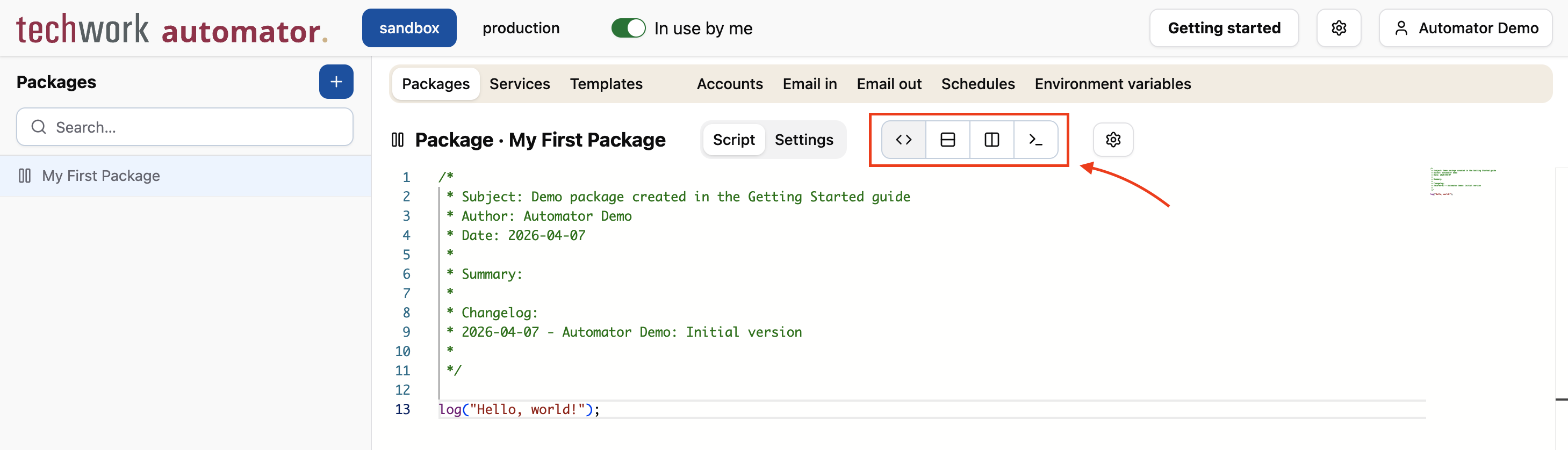 Toggle buttons to view package logs and/or package editor
