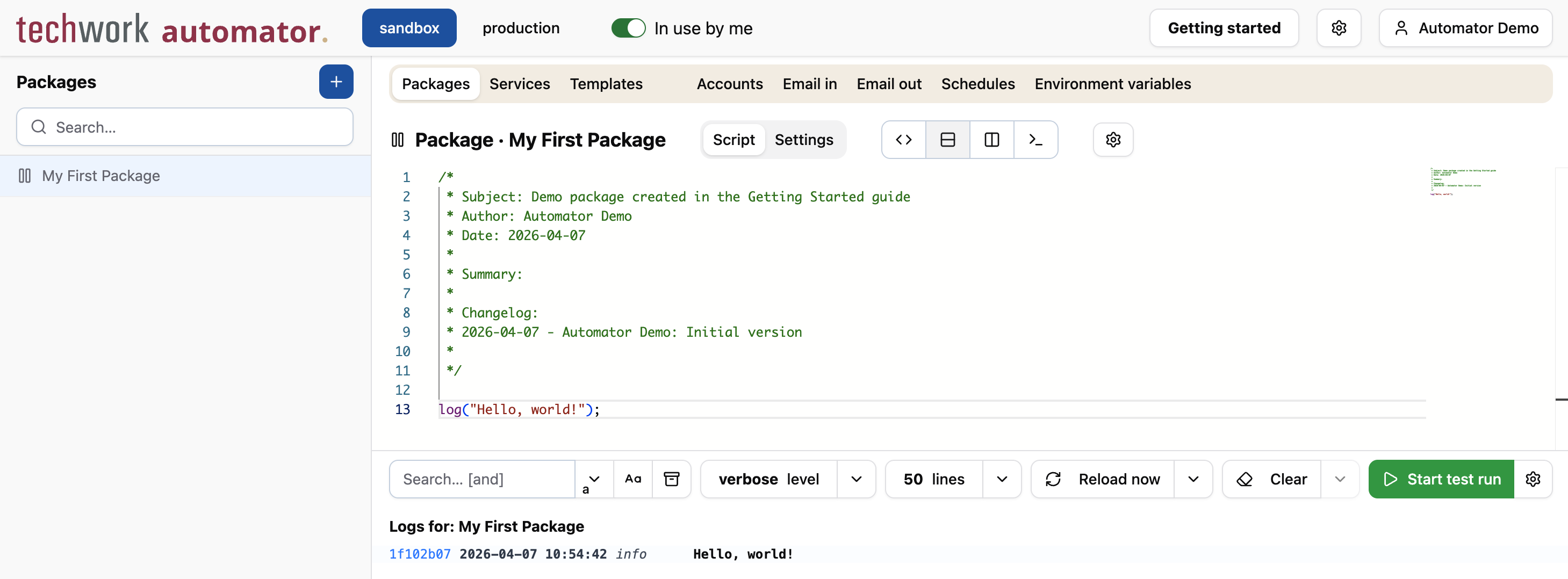 The log output of the package