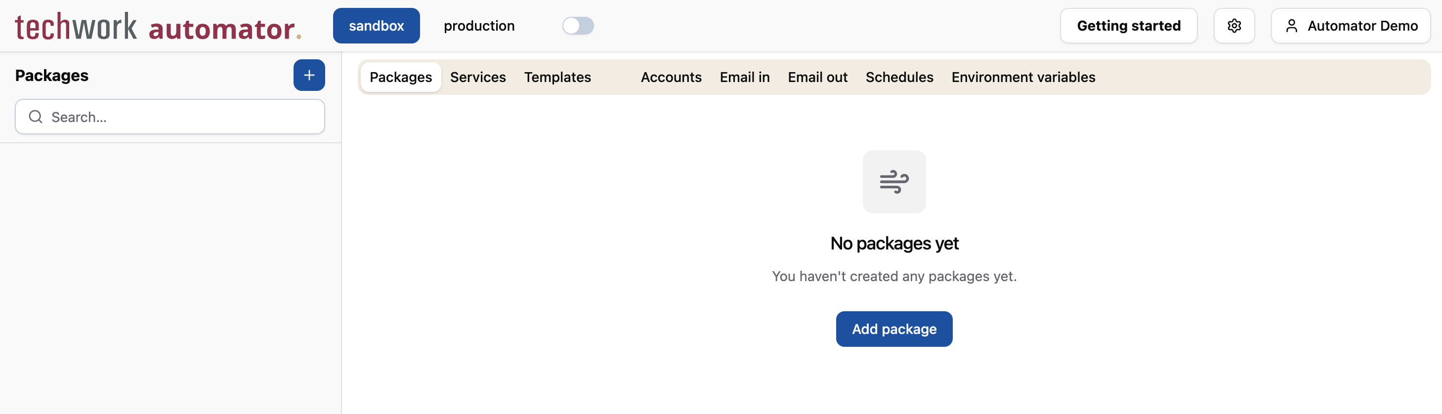 The package tab after logging in for the first time