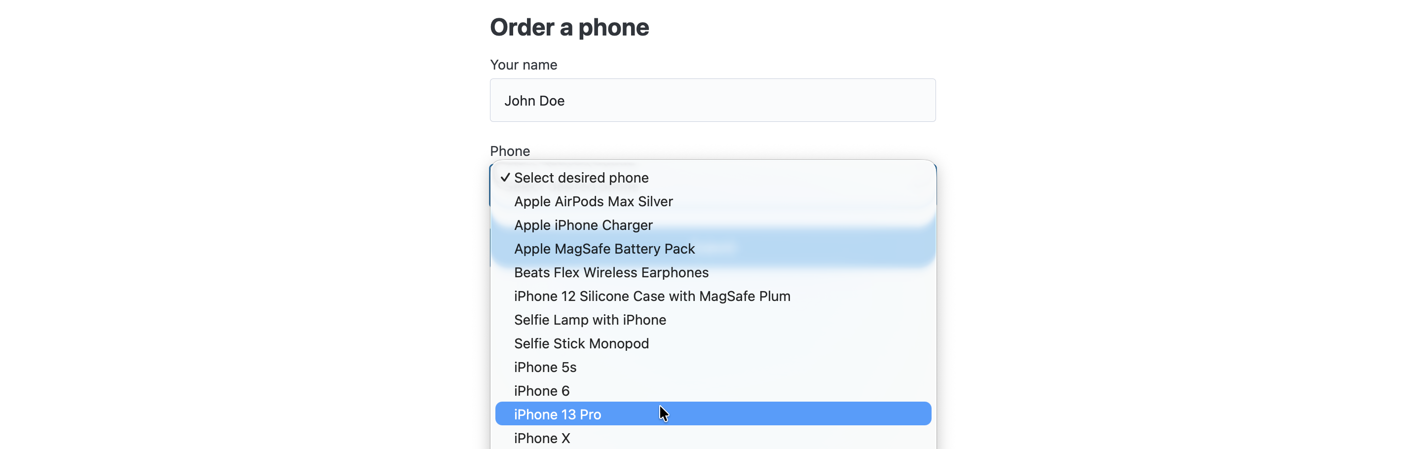 The order phone form with a list of phones