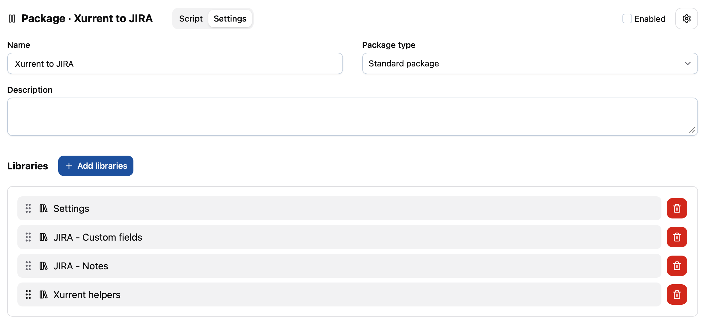 Selected libraries with drag handles for reordering
