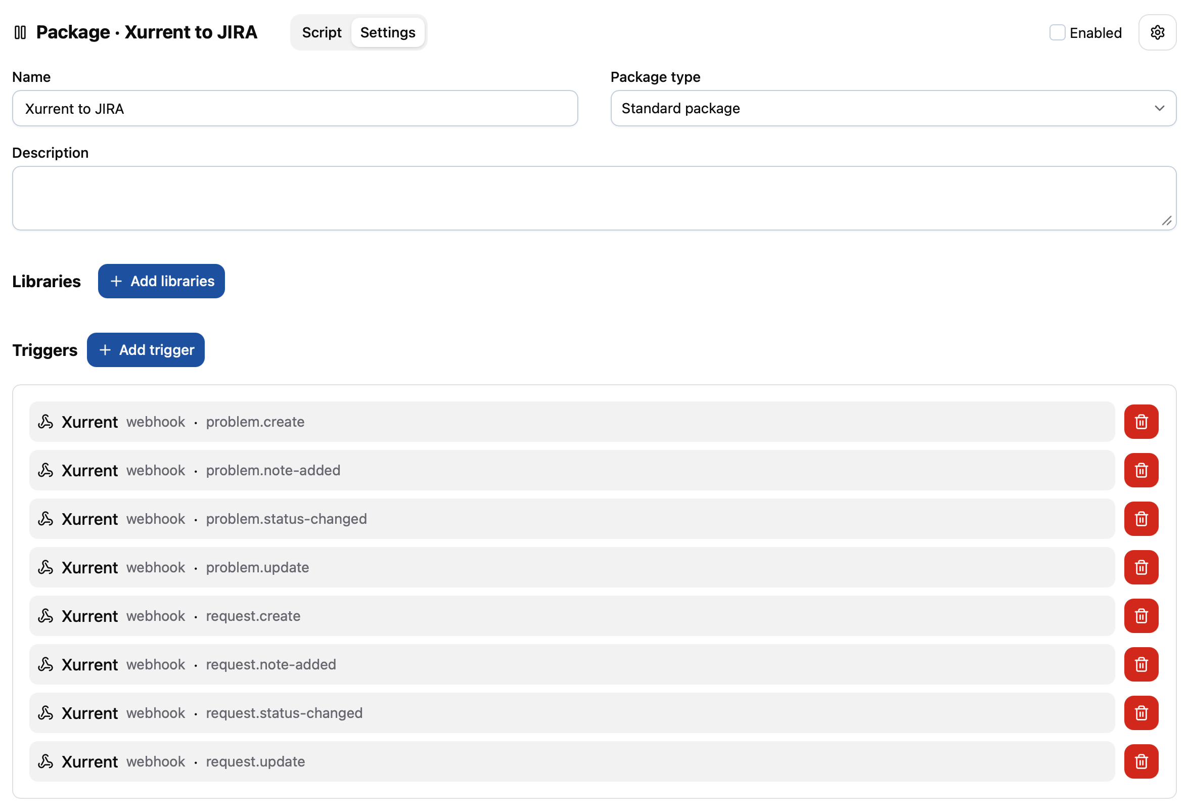 Webhook events listed separately with individual remove buttons