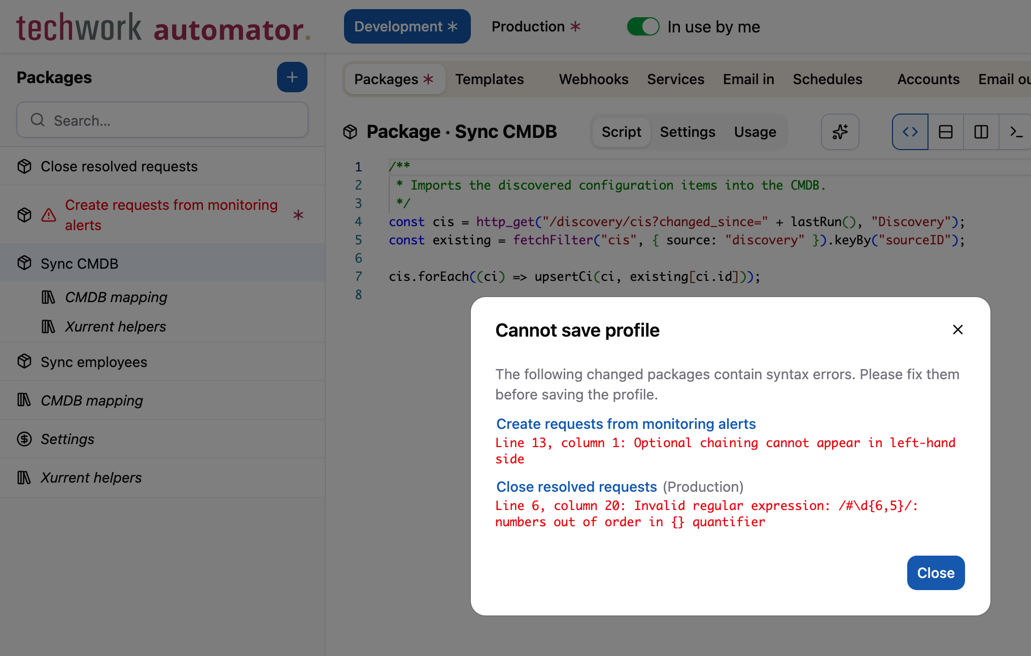 The packages with syntax errors, listed when saving the profile fails