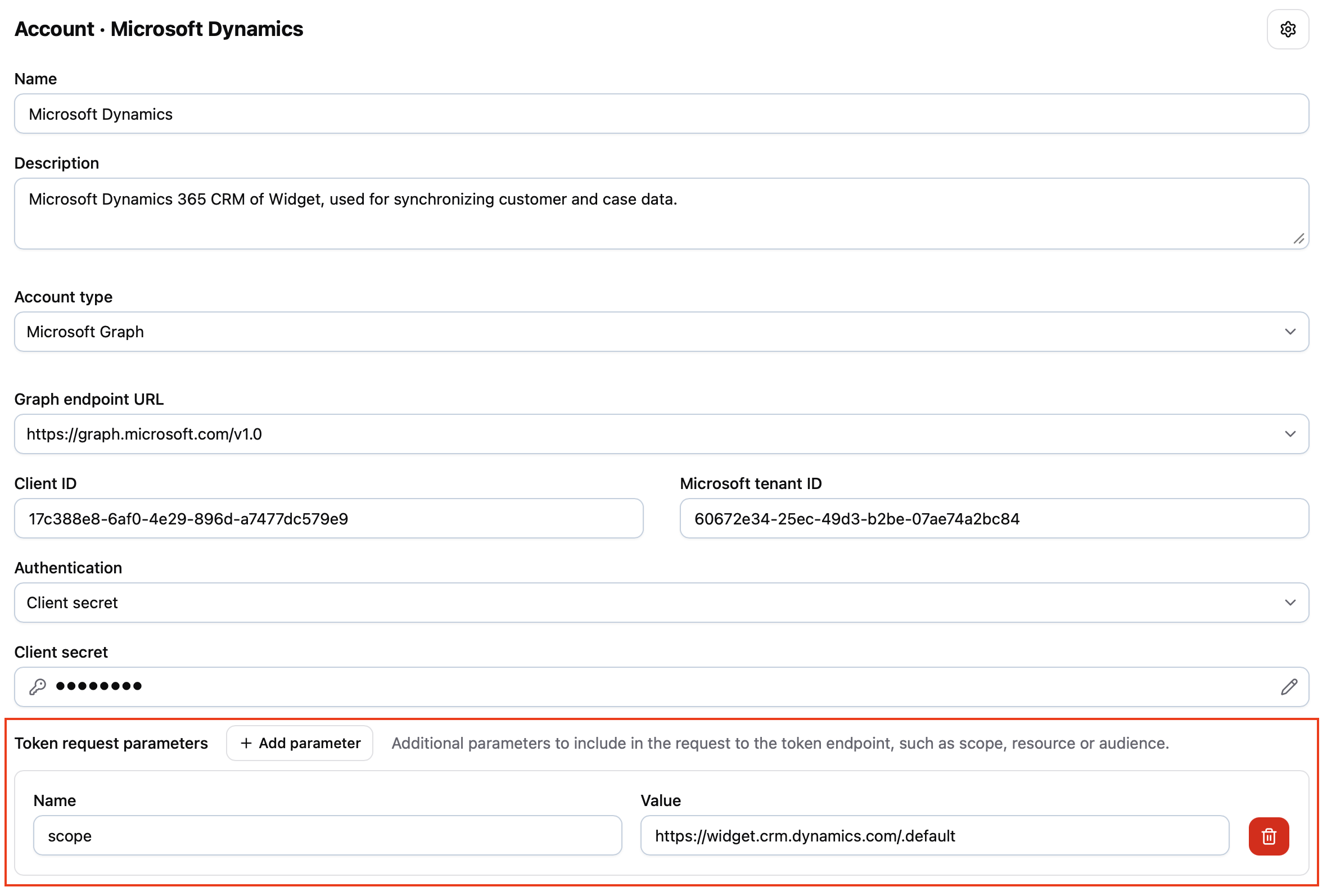 Token request parameters on an account form